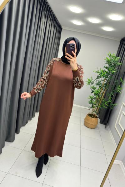 Leopar Desen Merserize Elbise Acı Kahve
