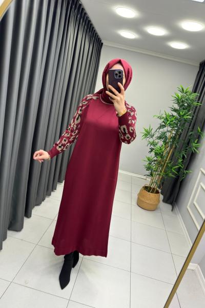 Leopar Desen Merserize Elbise Bordo