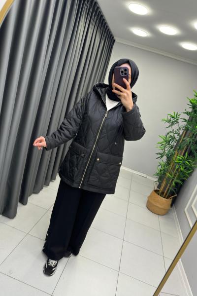 Levidor Kapüşonlu Kapitone Kısa Mont Siyah