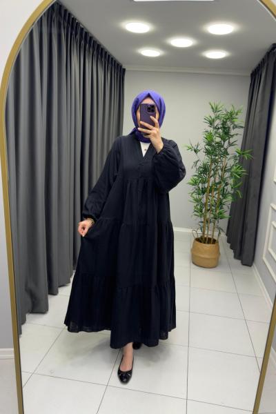 Melike %100 Pamuk Keten Elbise Siyah