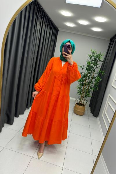 Melike %100 Pamuk Keten Elbise Turuncu