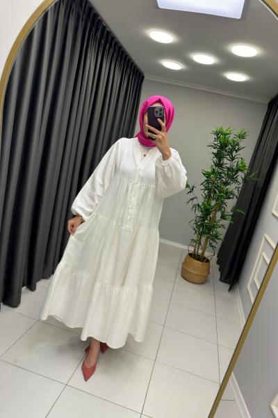 Melike %100 Pamuk Keten Elbise Beyaz