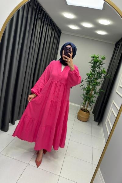 Melike %100 Pamuk Keten Elbise Pembe