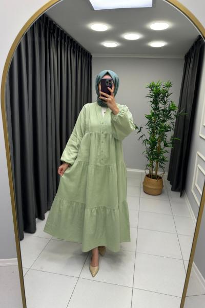 Melike %100 Pamuk Keten Elbise Mint Yeşili