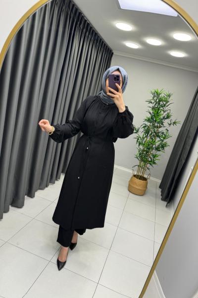 Naqshe Çilek İpek Tam Tesettür Takım  Siyah