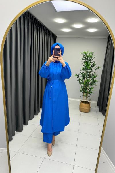 Naqshe Çilek İpek Tam Tesettür Takım  Mavi