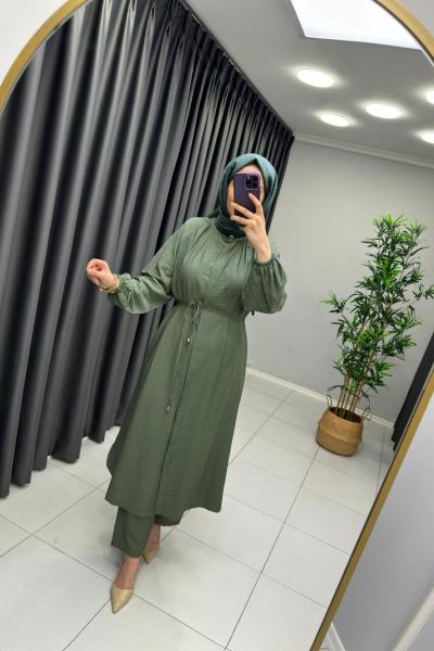 Naqshe Çilek İpek Tam Tesettür Takım  Haki