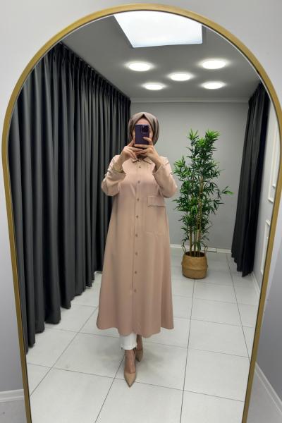 Nihle Düğmeli İthal Krep Kap  Bej