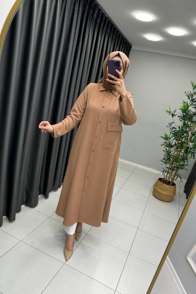 Nihle Düğmeli İthal Krep Kap  Camel