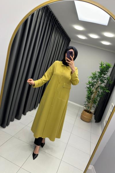 Nihle Düğmeli İthal Krep Kap  Yağ Yeşili