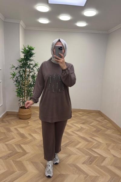 Nival Taşlı Takım Kahverengi