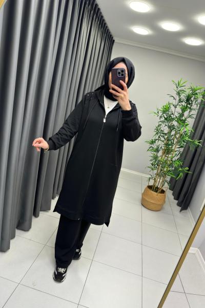 Omzu İşleme Detaylı Fermuarlı Takım  Siyah