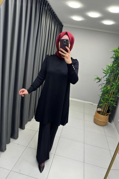 Omzu Patlı Merserize Tunik  Siyah