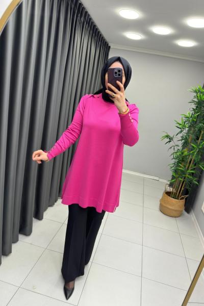 Omzu Patlı Merserize Tunik  Pembe