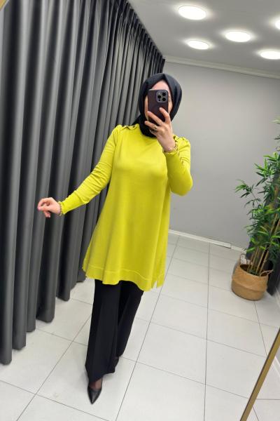 Omzu Patlı Merserize Tunik  Yağ Yeşili