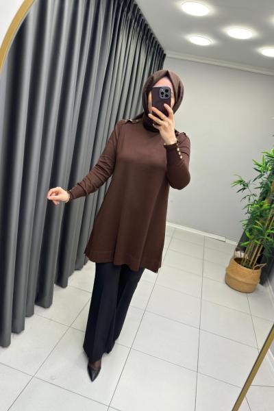 Omzu Patlı Merserize Tunik  Acı Kahve