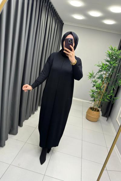 Önü Çizgi Detay Merserize Elbise Siyah