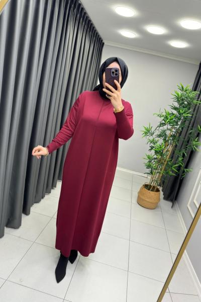 Önü Çizgi Detay Merserize Elbise  Bordo
