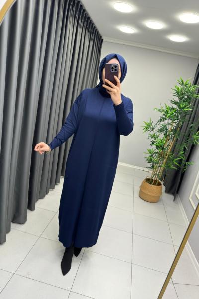 Önü Çizgi Detay Merserize Elbise  Lacivert