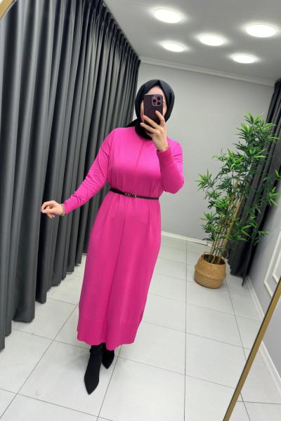 Önü Çizgi Detay Merserize Elbise Pembe