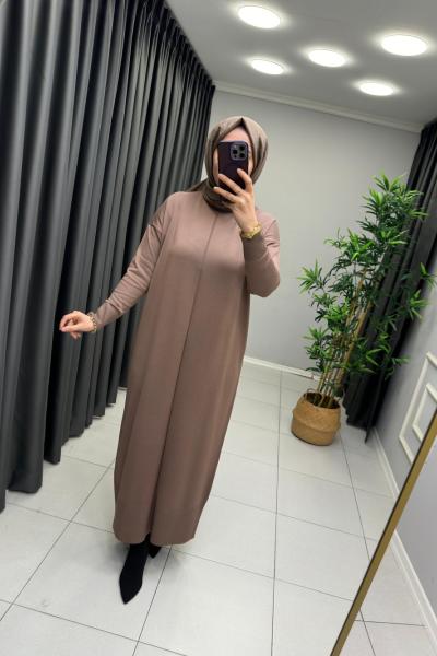 Önü Çizgi Detay Merserize Elbise  Vizon