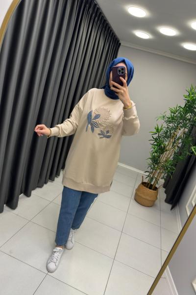 Örgü Detaylı Puane Sweat Bej