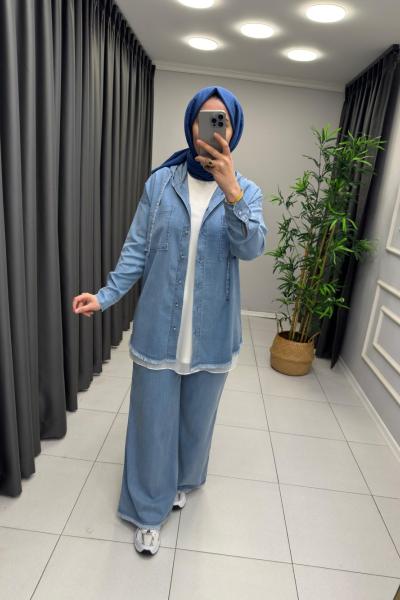 Perla Düğmeli Tensel Kot Takım Mavi