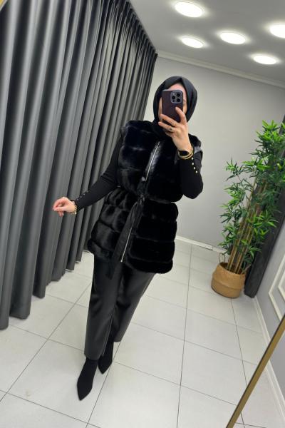 Premium Kalite Ahu Peluş Yelek Siyah