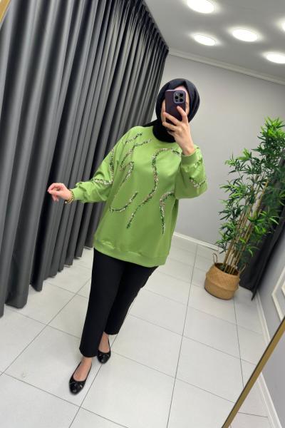 Pul Payet Detaylı Sweat Yeşil