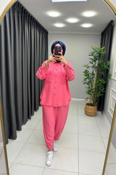 Sofya Gömlekli Cep Detaylı Takım Pembe
