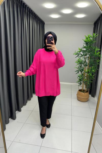 Soğuk İp Merserize Cizgili Tunik Pembe