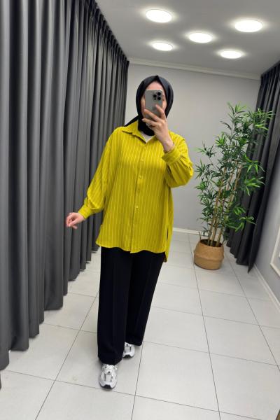 Star Çizgili Gömlek  Yağ Yeşili