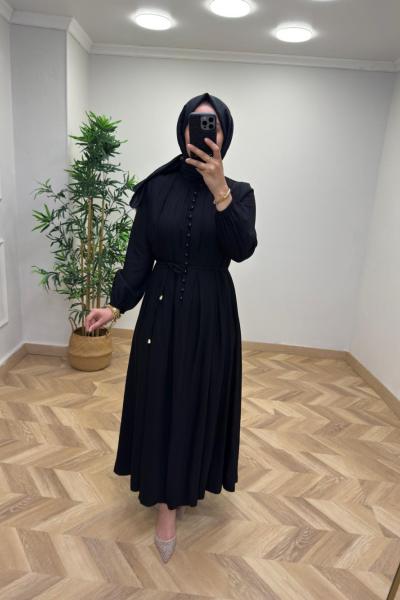 Tanya Çilek Keten Elbise Siyah