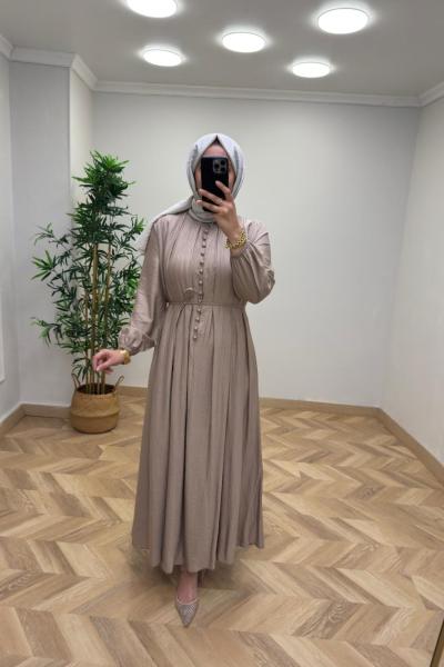 Tanya Çilek Keten Elbise Vizon