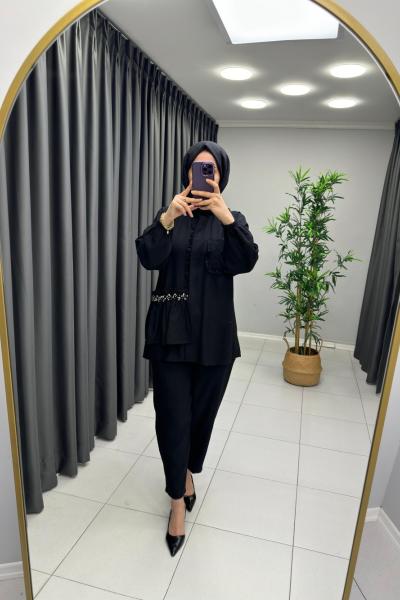 Taş Detaylı Keten Takım Siyah