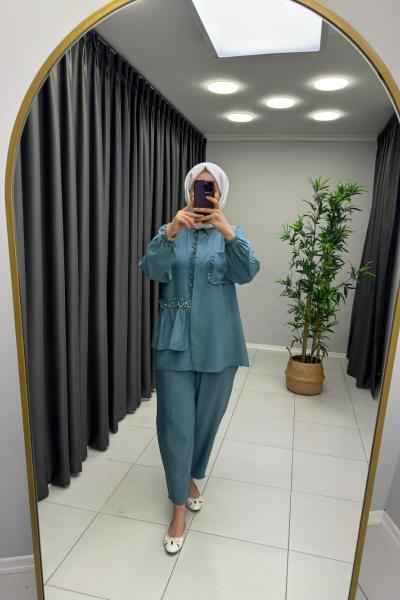 Taş Detaylı Keten Takım Turkuaz