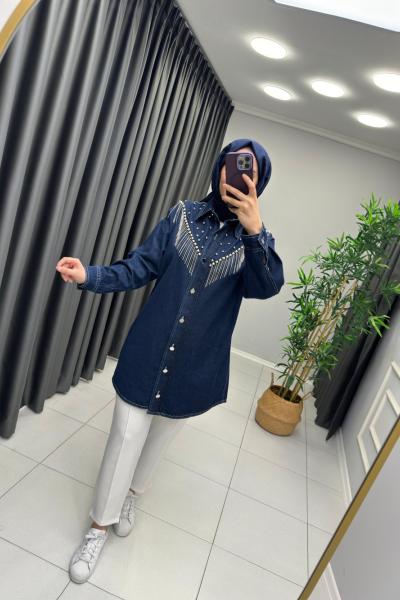 Taş ve Zincir Detaylı Kot Gömlek Lacivert