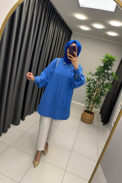 Taşlı Keten Gömlek Mavi