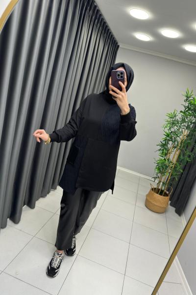 Triko Detaylı Puane Sweat  Siyah