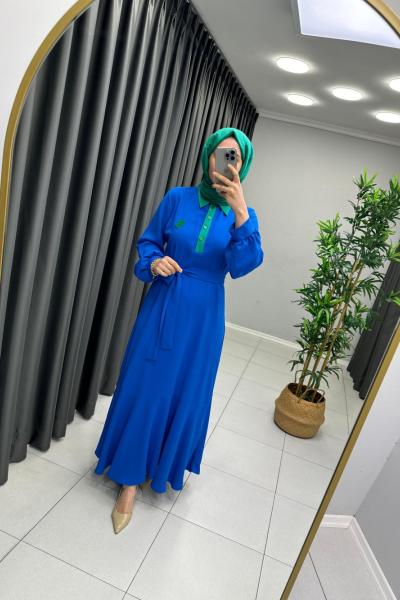 Yakalı Linda Kumaş Elbise Mavi