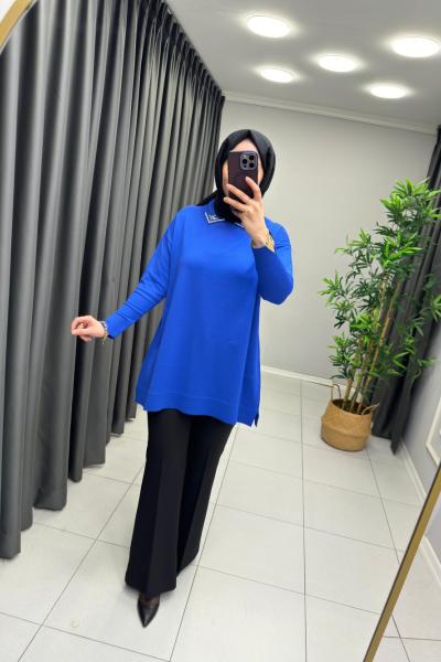 Yakası Taşlı Detay Merserize  Saks Mavisi