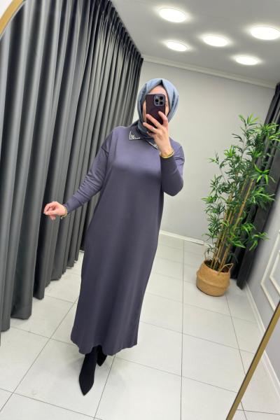 Yakası Taş Detaylı Merserize Elbise  Antrasit