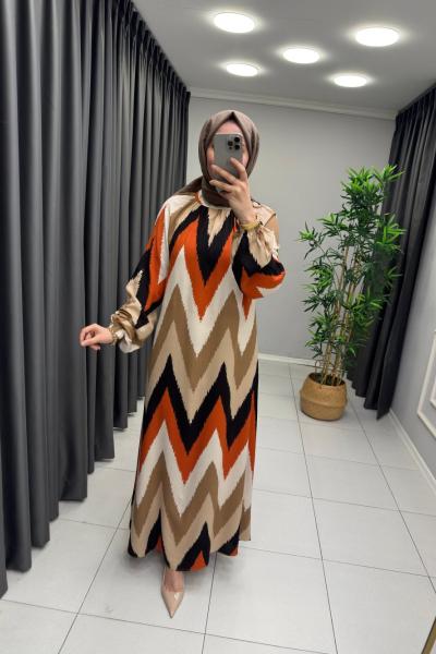 Zena Zıkzak Elbise  Kahverengi