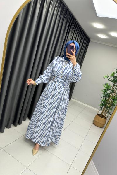 Zikzak Desen Ham Keten Elbise  Mavi