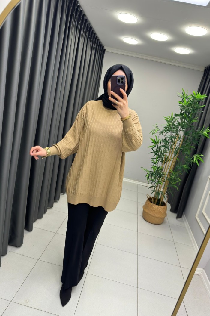 Soğuk İp Merserize Cizgili Tunik Camel