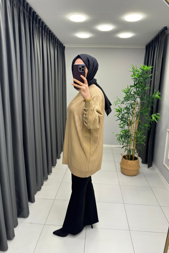 Soğuk İp Merserize Cizgili Tunik Camel