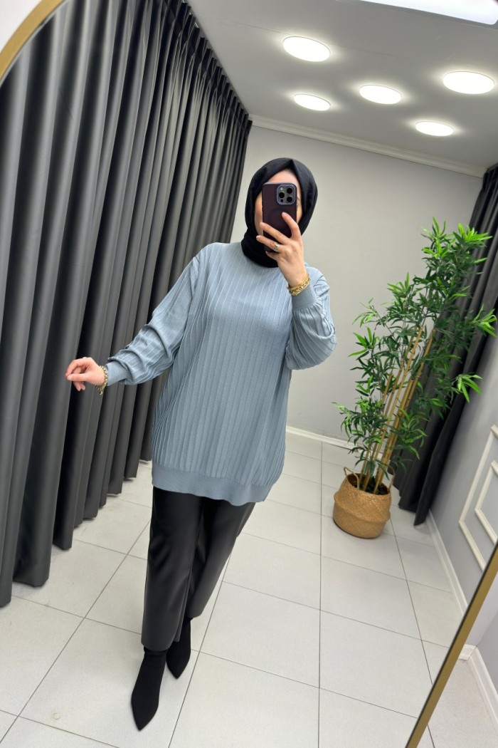 Soğuk İp Merserize Cizgili Tunik Gri