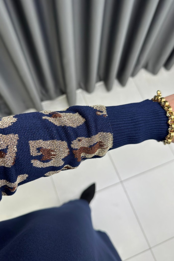  Leopar Desen Merserize Elbise  Lacivert
