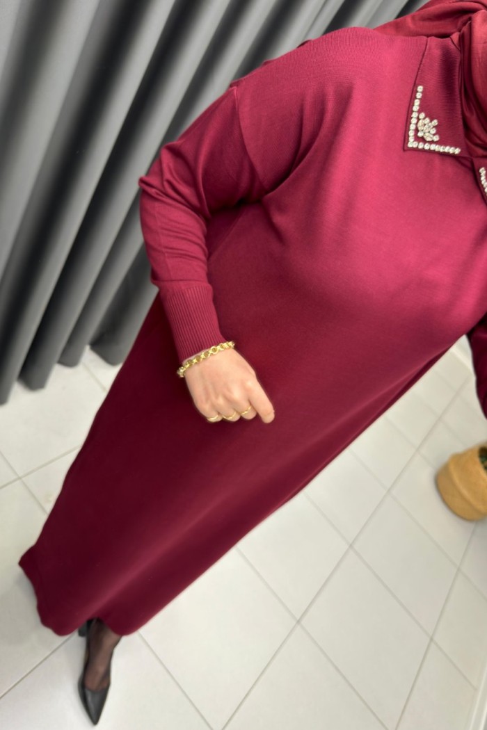 Yakası Taş Detaylı Merserize Elbise  Bordo