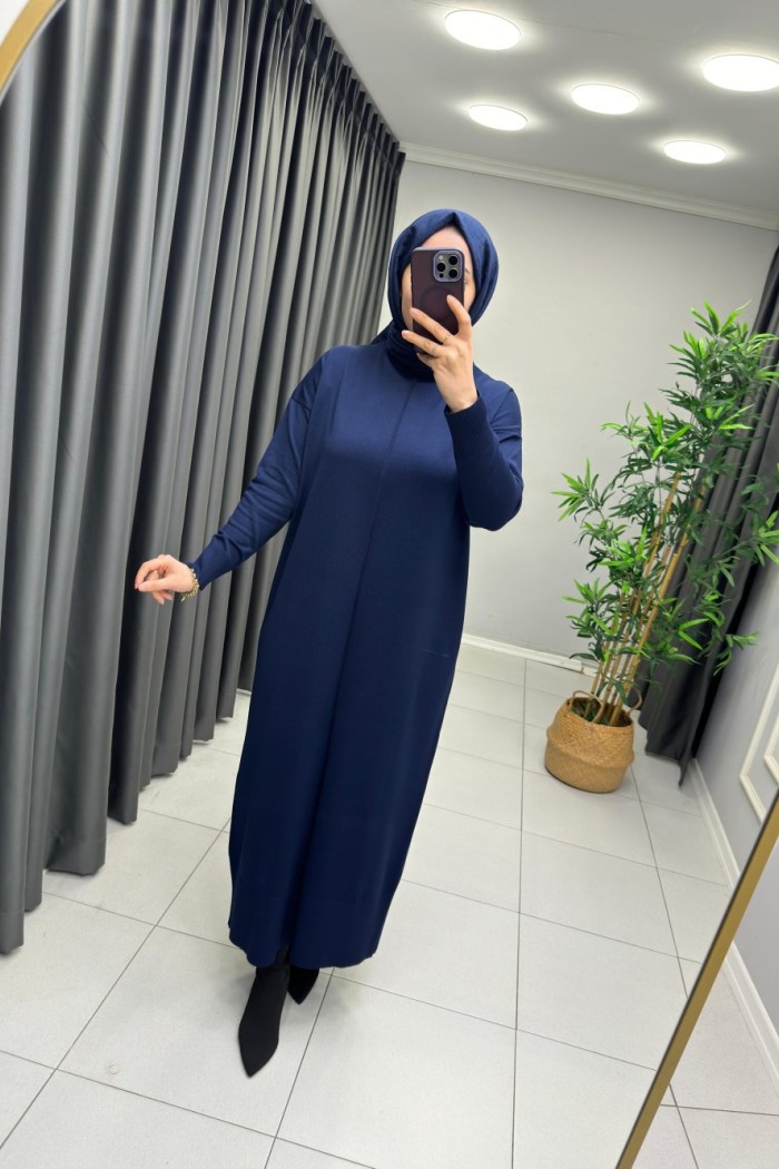 Önü Çizgi Detay Merserize Elbise  Lacivert